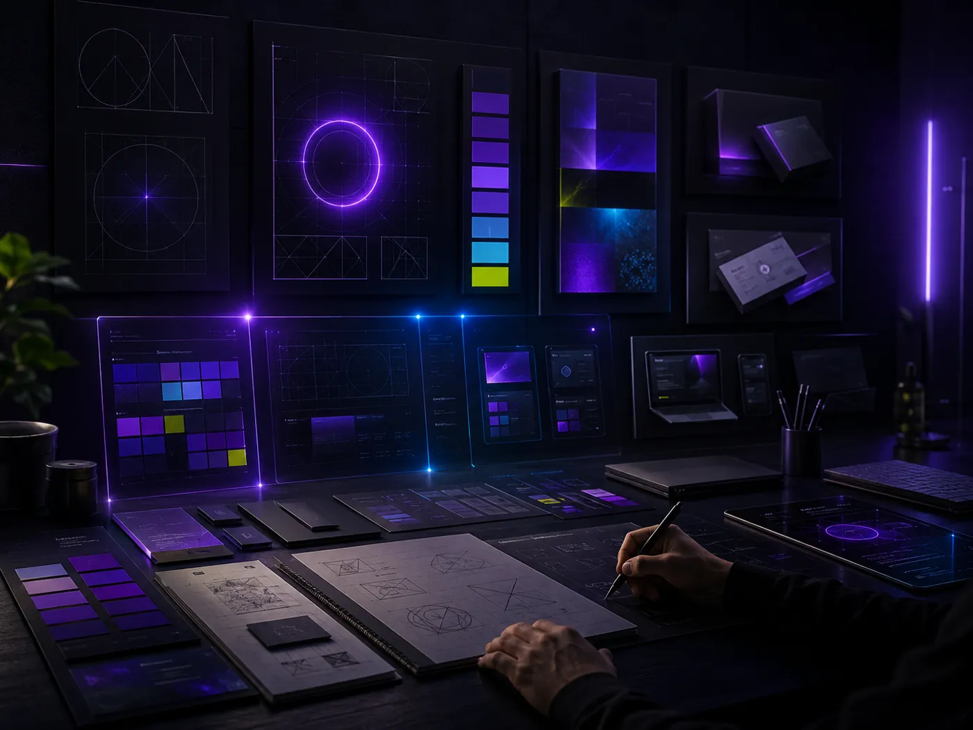 Atelier de construction d'identité de marque — grilles de logo, palettes et supports