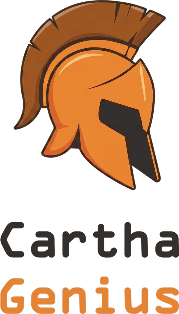 Logo CarthaGenius — casque spartiate orange et signature Cartha Genius.